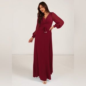 A-Line Long Sleeve Chiffon Floor-Length Dress Burgundy